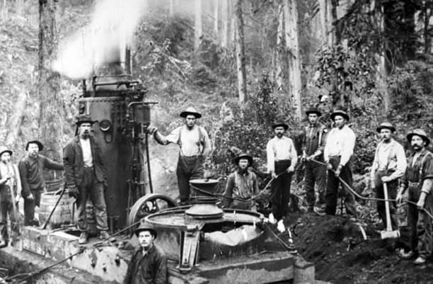 Black and white photo, a group of loggers stand around machinery in the forest